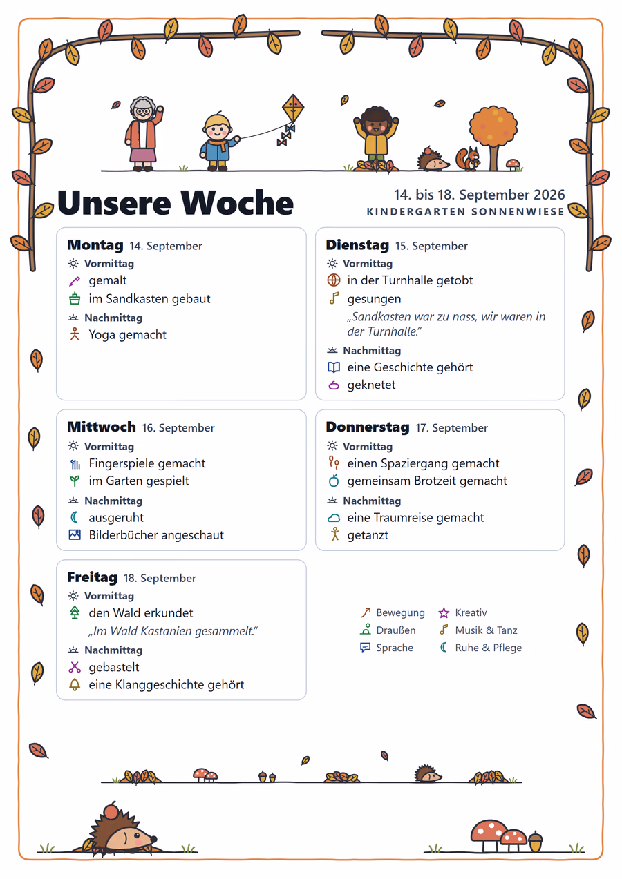 Gedrucktes Elternblatt „Unsere Woche“, KW 38, ohne Namen aus dem Team
