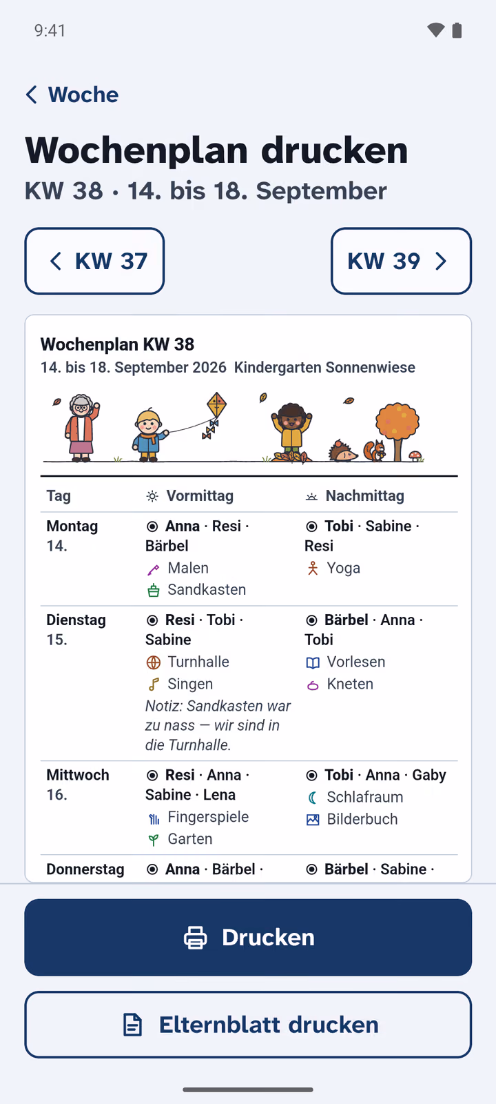 Die Vorschau „Wochenplan drucken“