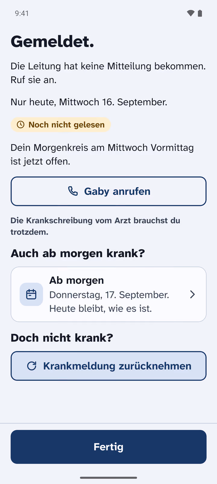 „Gemeldet.“ Die Leitung hat die Meldung noch nicht gelesen